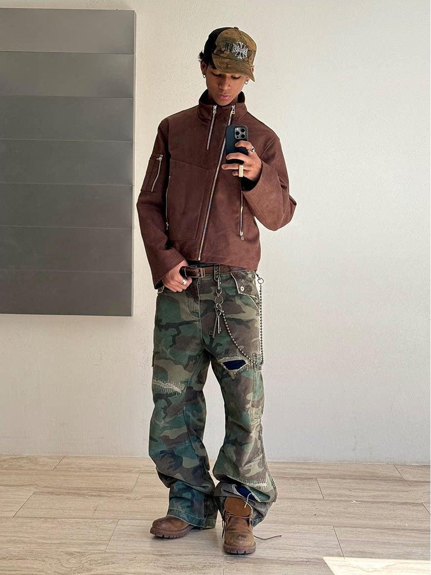VLABMADE Breathable Cotton Distressed Olive Camo Straight Leg Urban Wide Cargo Pants