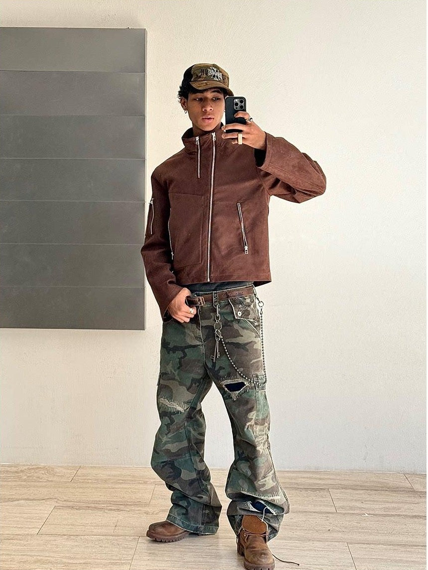 VLABMADE Breathable Cotton Distressed Olive Camo Straight Leg Urban Wide Cargo Pants