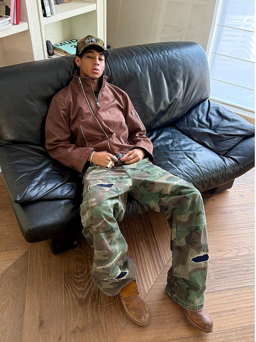 VLABMADE Breathable Cotton Distressed Olive Camo Straight Leg Urban Wide Cargo Pants