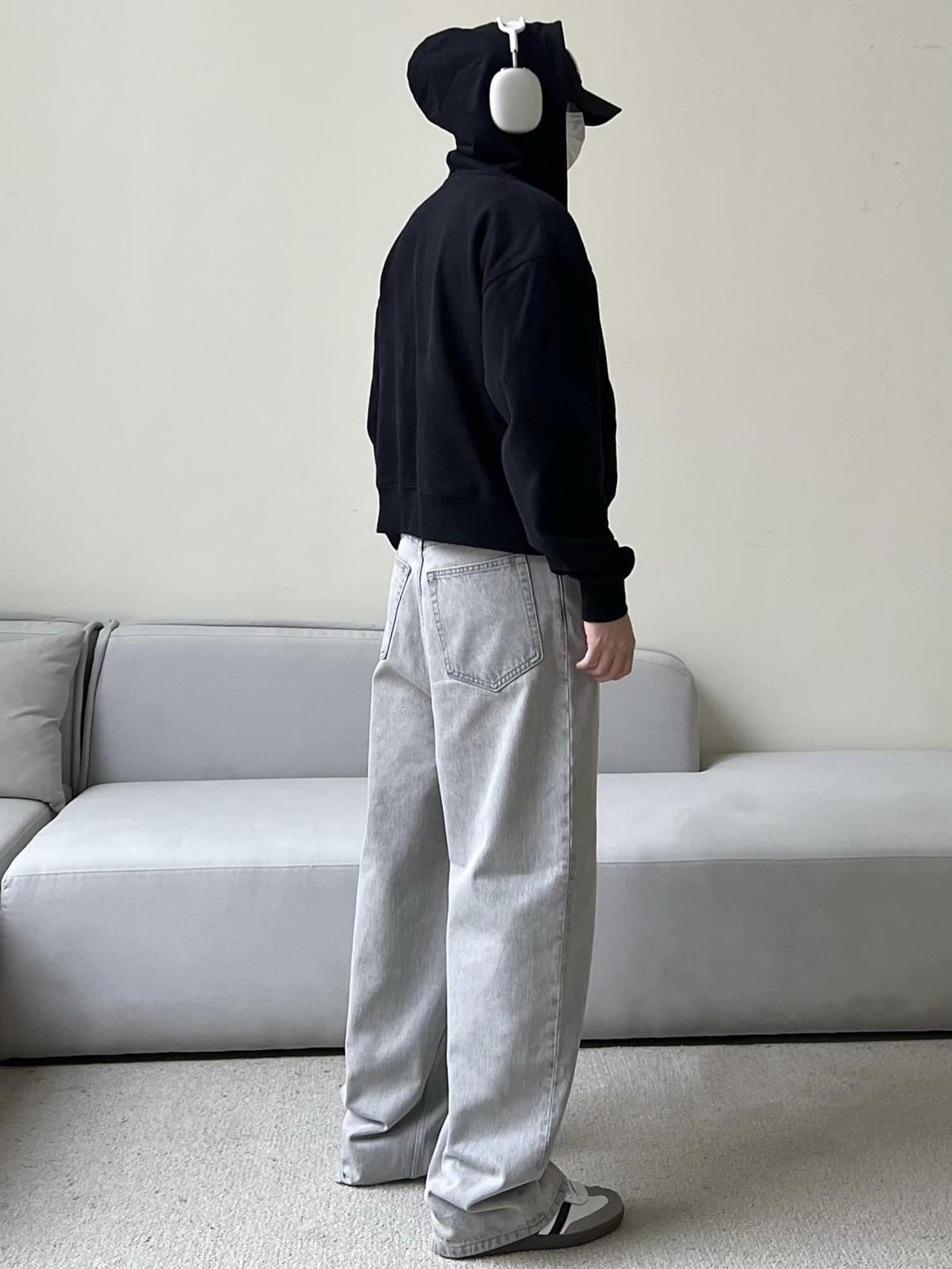 VLABMADE Breathable Cotton High Waist Wide Straight Snow Wash Black Gray Relaxed Jeans