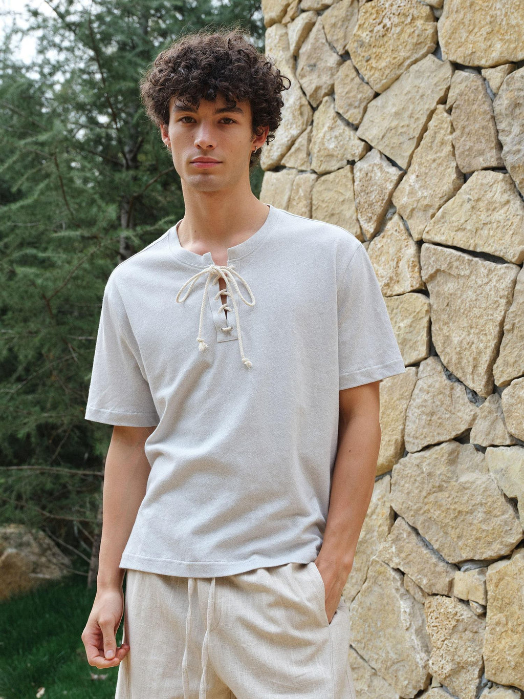 VLABMADE Breathable Cotton Linen V-neck Patchwork Tie Loose Unisex Short Sleeve T-Shirts