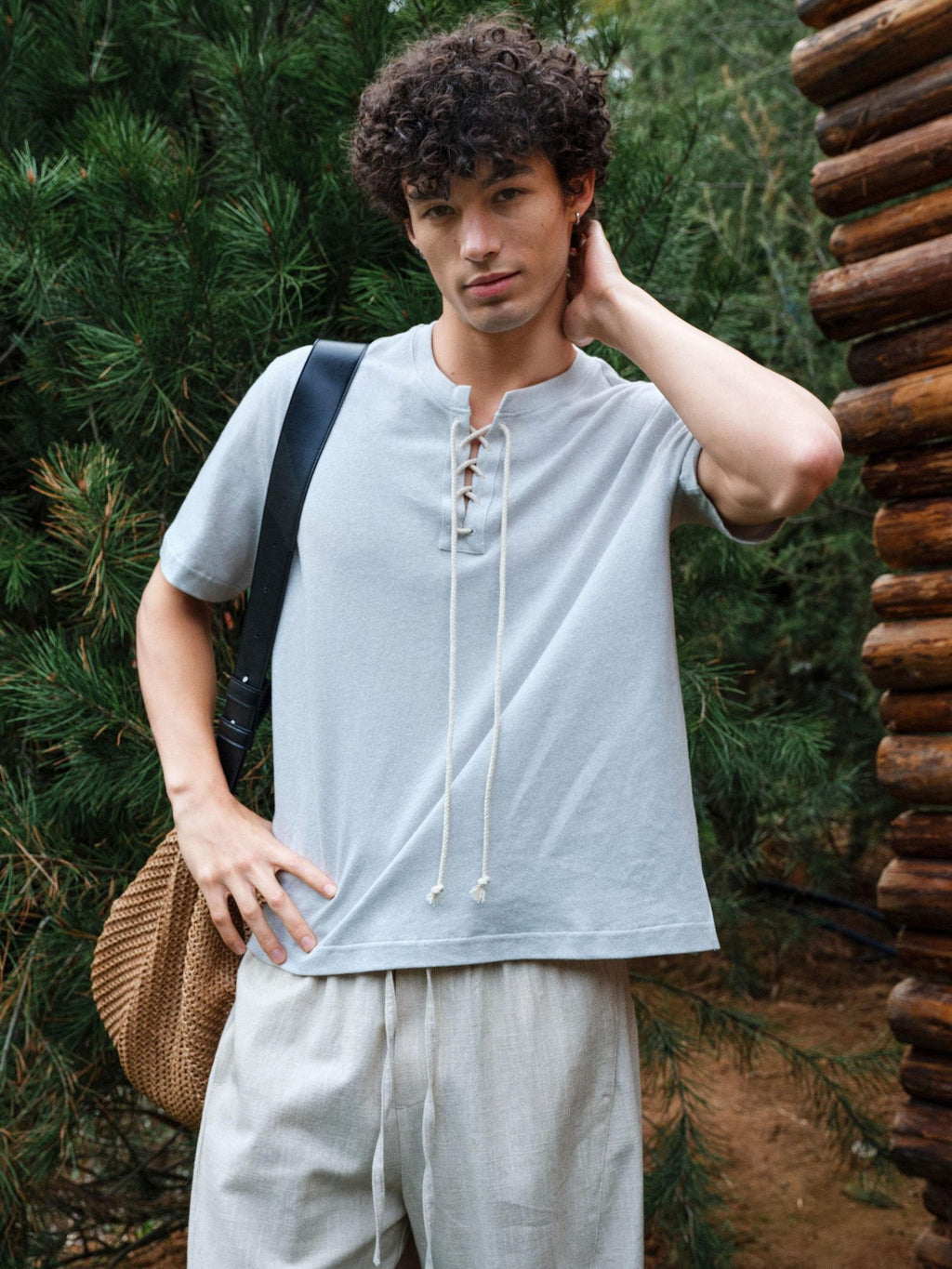 VLABMADE Breathable Cotton Linen V-neck Patchwork Tie Loose Unisex Short Sleeve T-Shirts