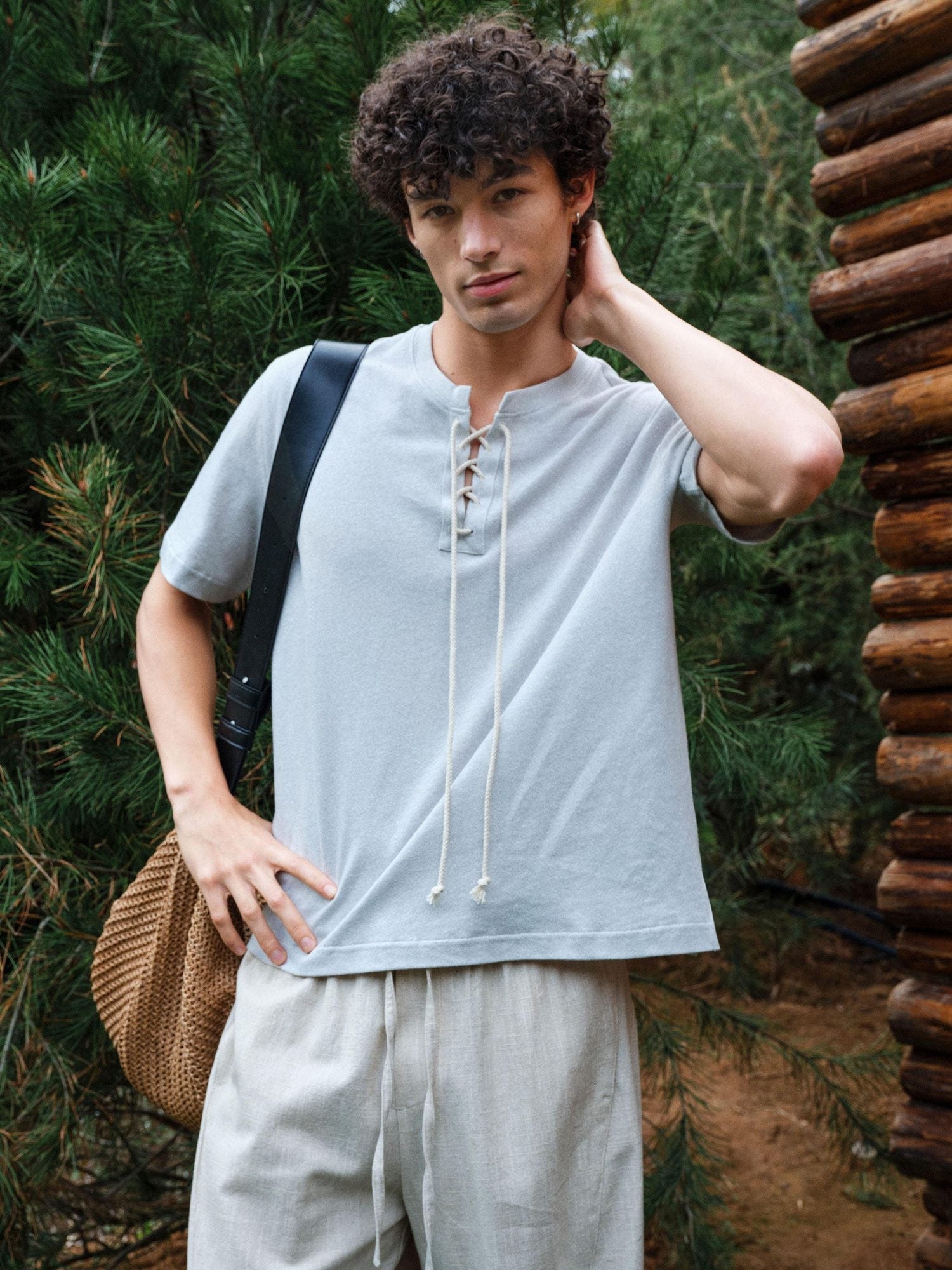 VLABMADE Breathable Cotton Linen V-neck Patchwork Tie Loose Unisex Short Sleeve T-Shirts