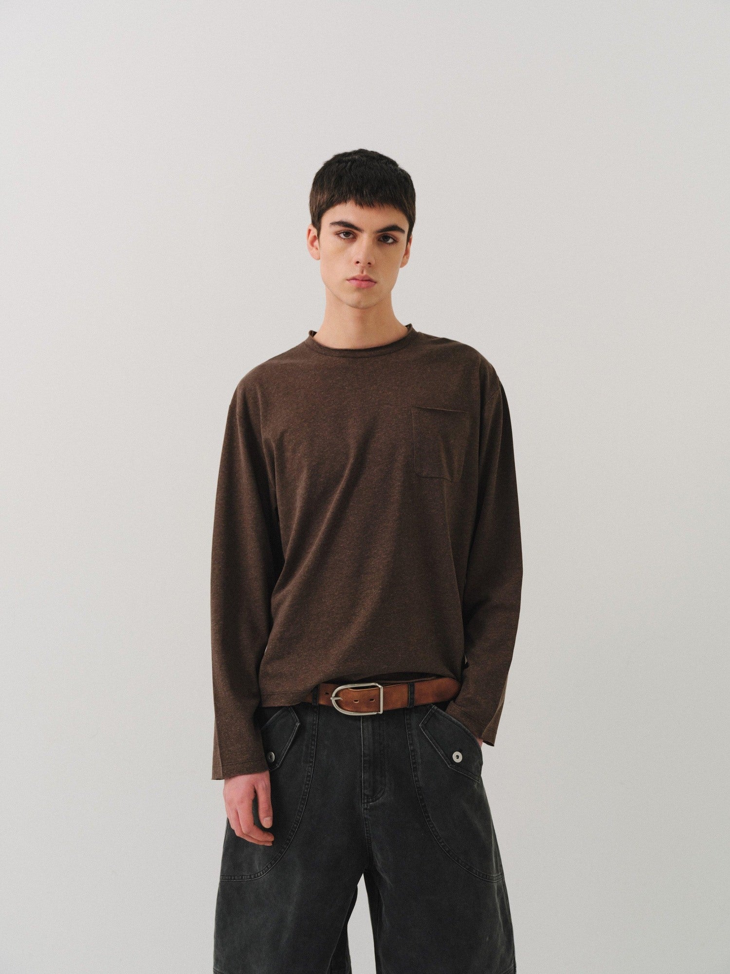 VLABMADE Breathable Cotton Lyocell Linen Pocket Regular Fit Unisex Long Sleeve T-Shirts