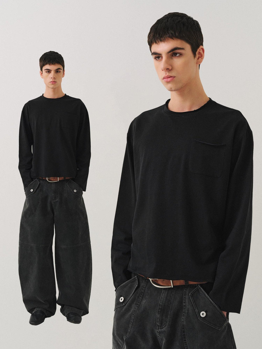 VLABMADE Breathable Cotton Lyocell Linen Pocket Regular Fit Unisex Long Sleeve T-Shirts