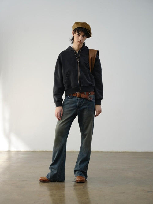 VLABMADE Breathable Cotton Mid Rise Raw Hem Zip Pocket Casual Blue Denim Flared Jeans