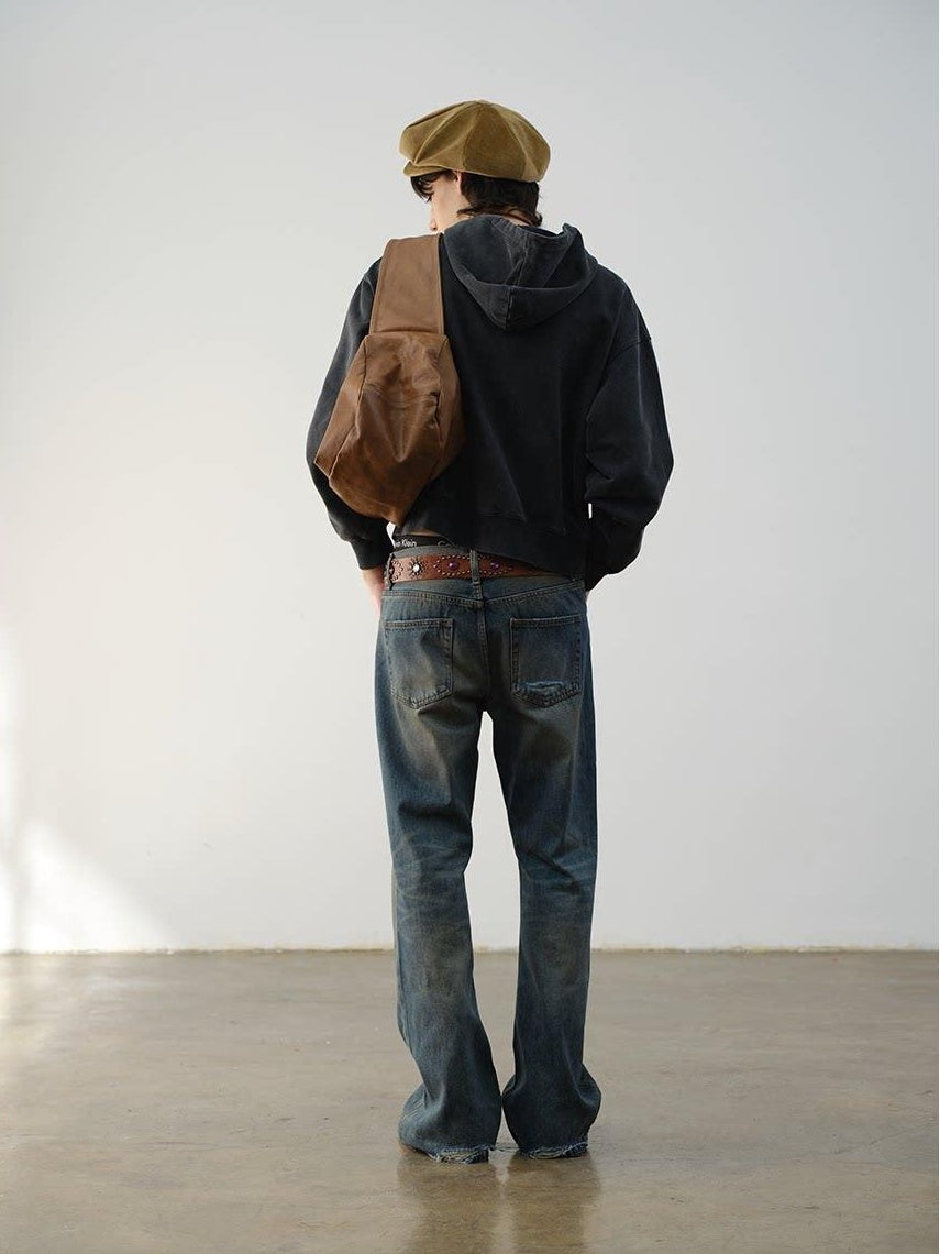 VLABMADE Breathable Cotton Mid Rise Raw Hem Zip Pocket Casual Blue Denim Flared Jeans