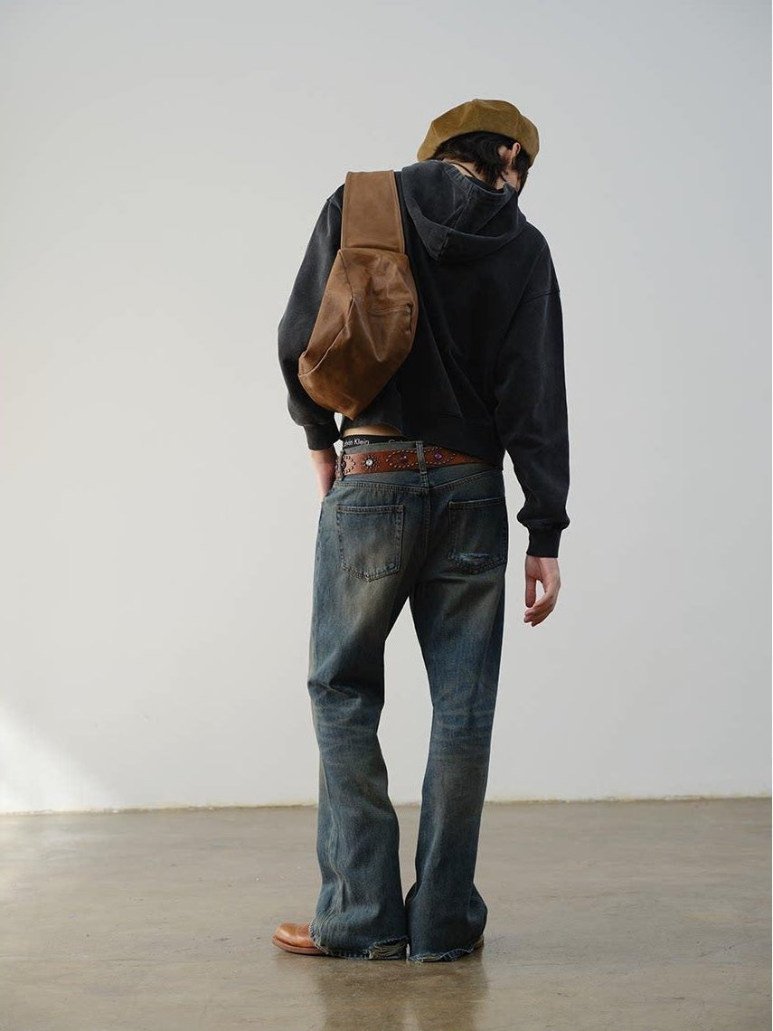 VLABMADE Breathable Cotton Mid Rise Raw Hem Zip Pocket Casual Blue Denim Flared Jeans