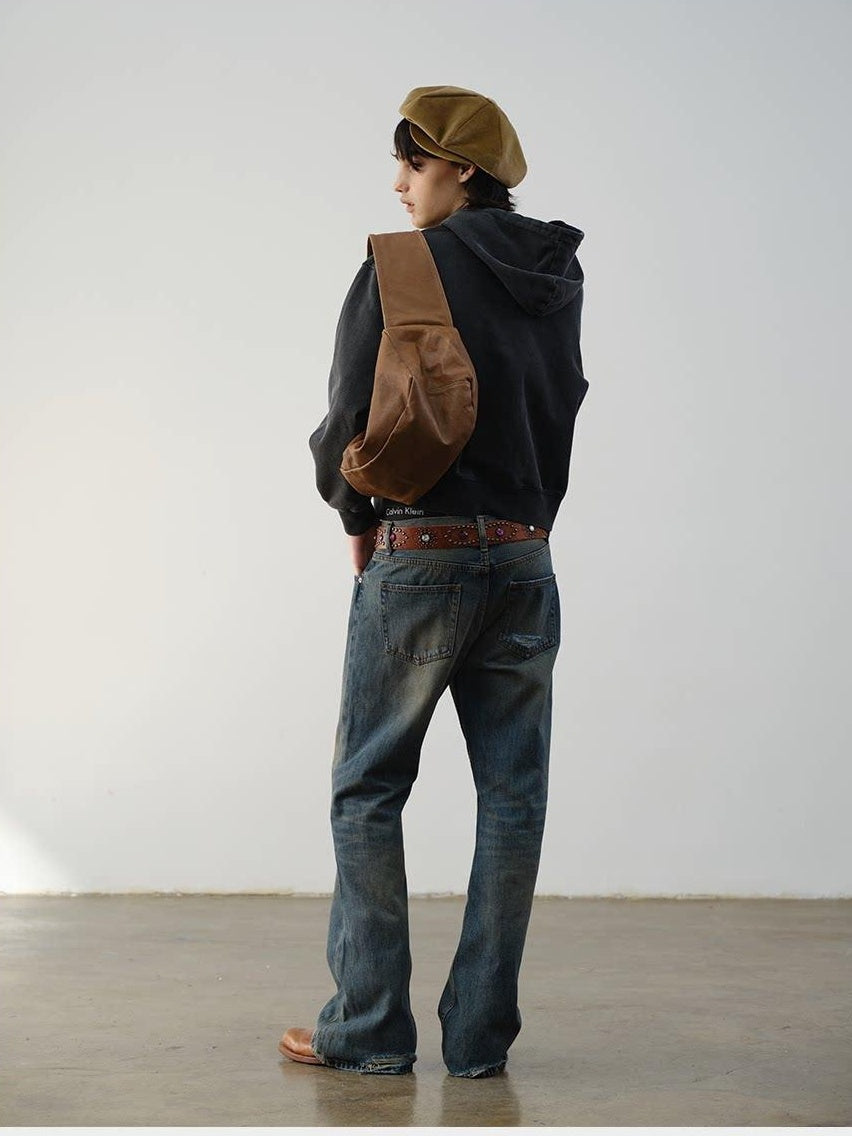 VLABMADE Breathable Cotton Mid Rise Raw Hem Zip Pocket Casual Blue Denim Flared Jeans