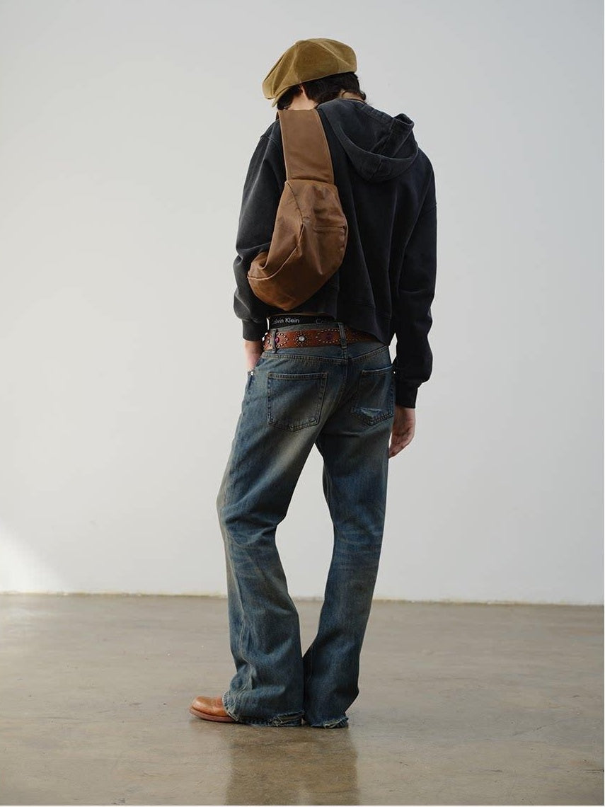 VLABMADE Breathable Cotton Mid Rise Raw Hem Zip Pocket Casual Blue Denim Flared Jeans
