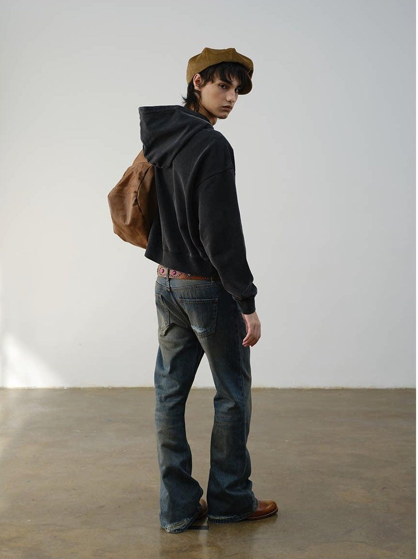 VLABMADE Breathable Cotton Mid Rise Raw Hem Zip Pocket Casual Blue Denim Flared Jeans
