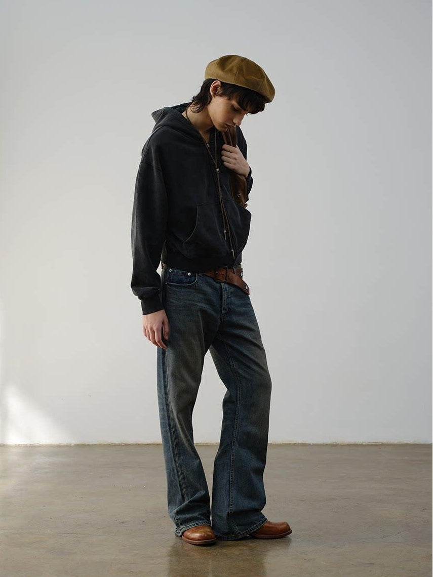 VLABMADE Breathable Cotton Mid Rise Raw Hem Zip Pocket Casual Blue Denim Flared Jeans