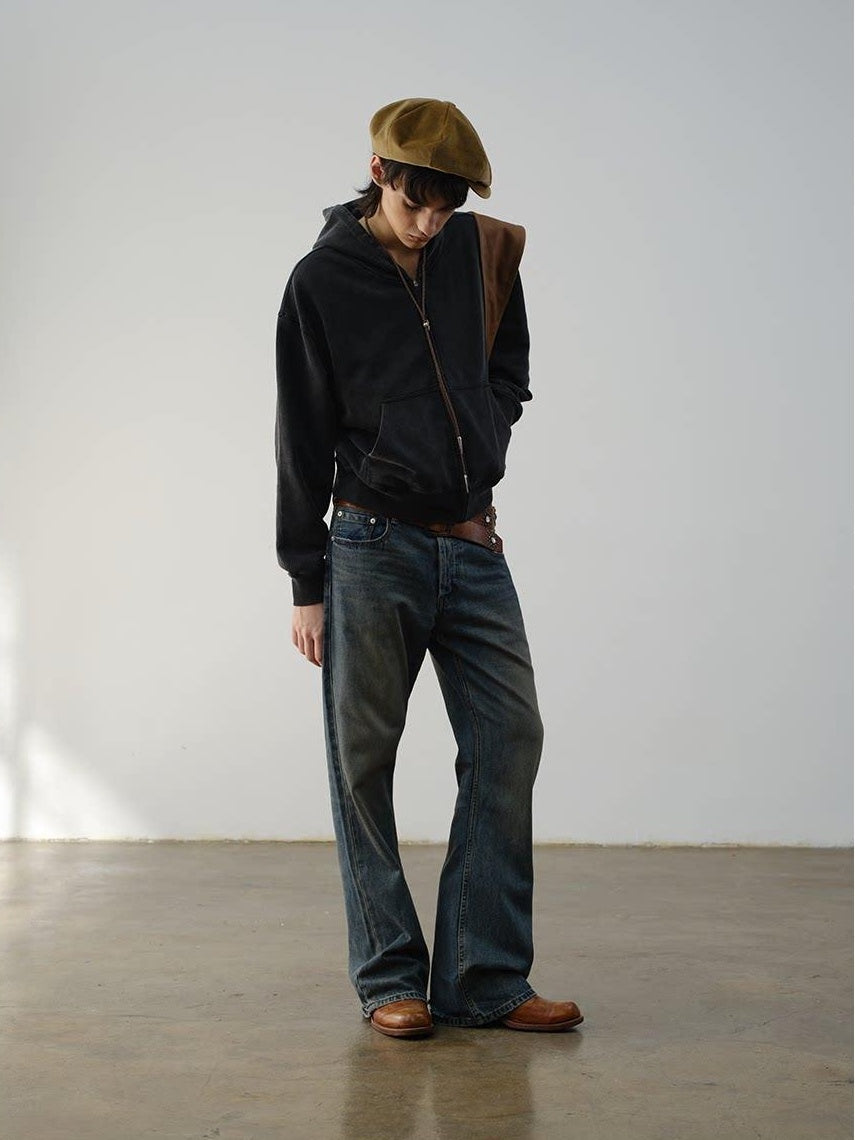 VLABMADE Breathable Cotton Mid Rise Raw Hem Zip Pocket Casual Blue Denim Flared Jeans