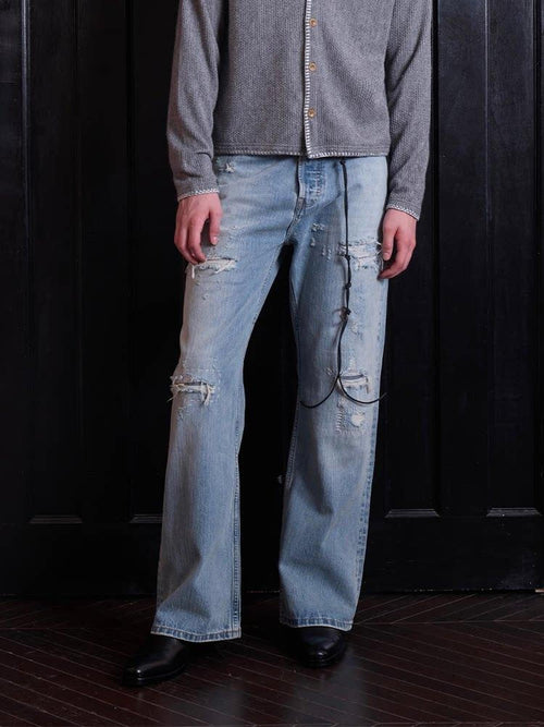 VLABMADE Breathable Cotton Ripped Mid Rise Light Wash Casual Loose Fit Flared Jeans