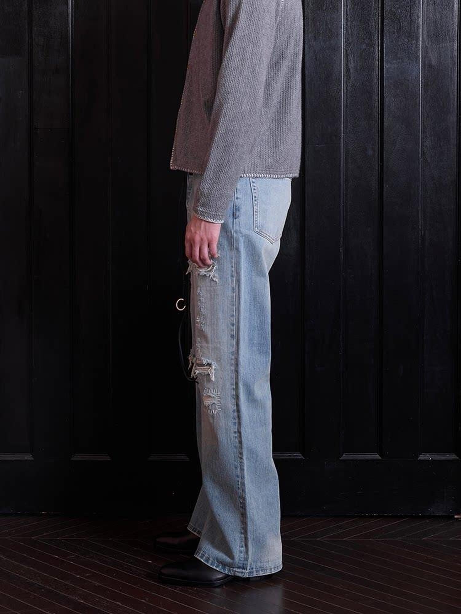 VLABMADE Breathable Cotton Ripped Mid Rise Light Wash Casual Loose Fit Flared Jeans