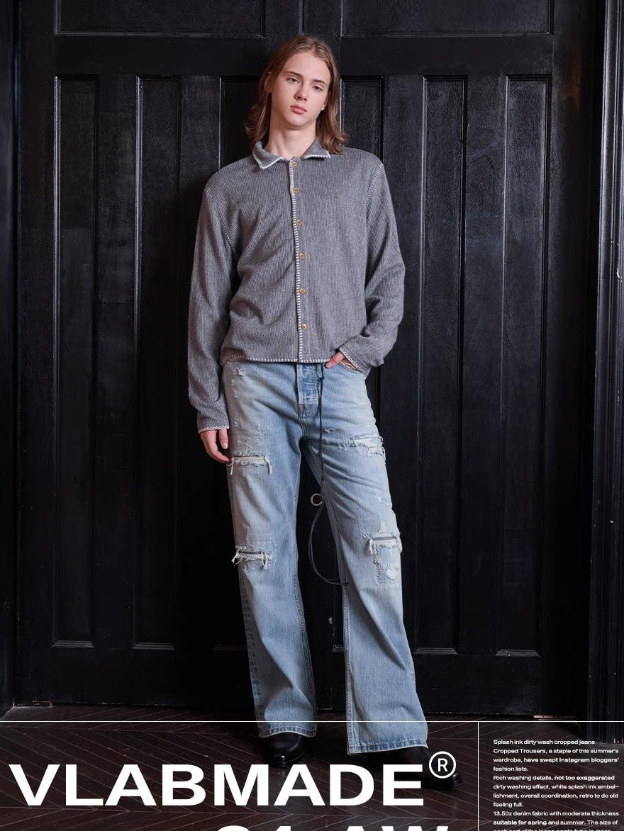 VLABMADE Breathable Cotton Ripped Mid Rise Light Wash Casual Loose Fit Flared Jeans