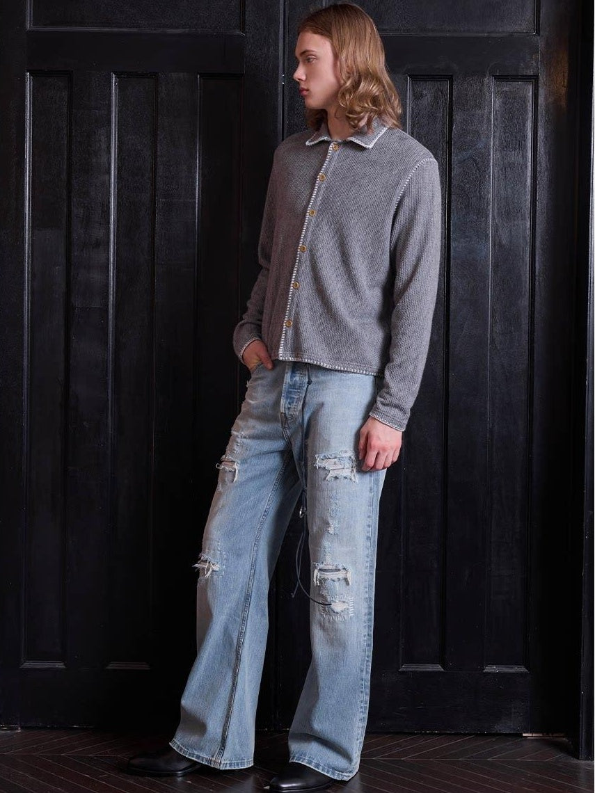 VLABMADE Breathable Cotton Ripped Mid Rise Light Wash Casual Loose Fit Flared Jeans