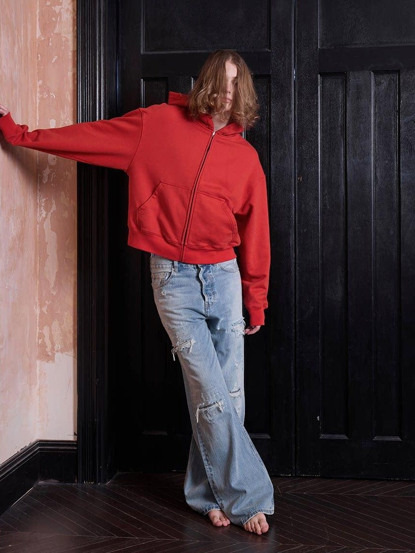 VLABMADE Breathable Cotton Ripped Mid Rise Light Wash Casual Loose Fit Flared Jeans