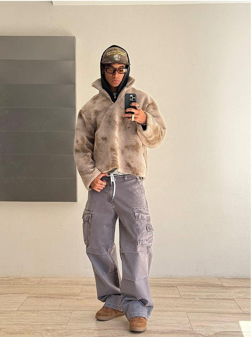 VLABMADE Breathable Distressed Loose Straight Leg Natural Waist Casual Wide Cargo Pants