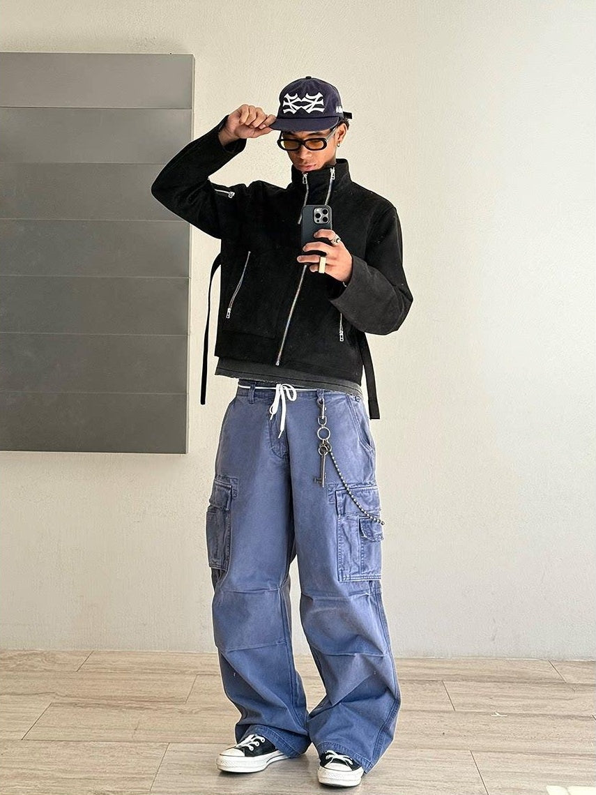 VLABMADE Breathable Distressed Loose Straight Leg Natural Waist Casual Wide Cargo Pants