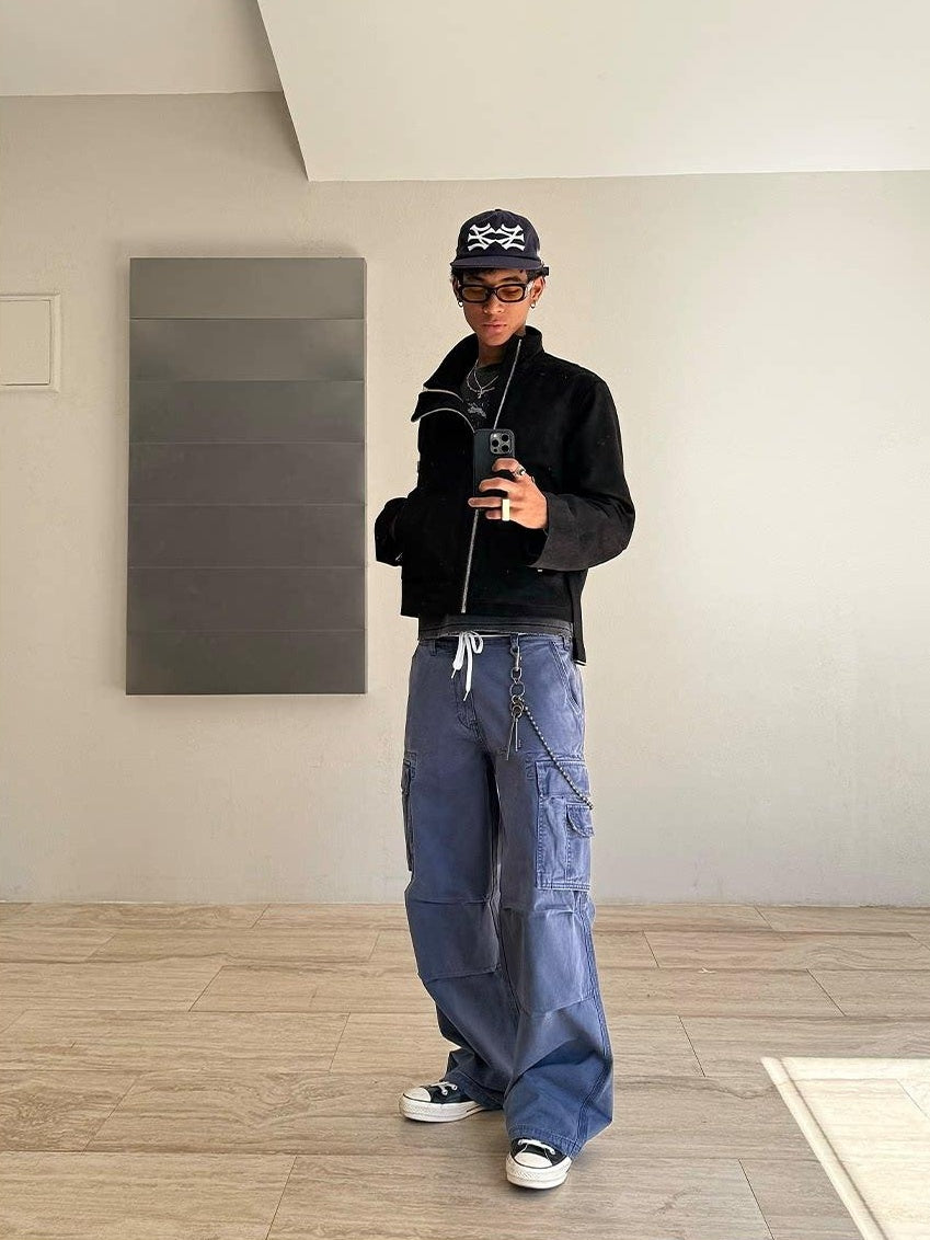 VLABMADE Breathable Distressed Loose Straight Leg Natural Waist Casual Wide Cargo Pants