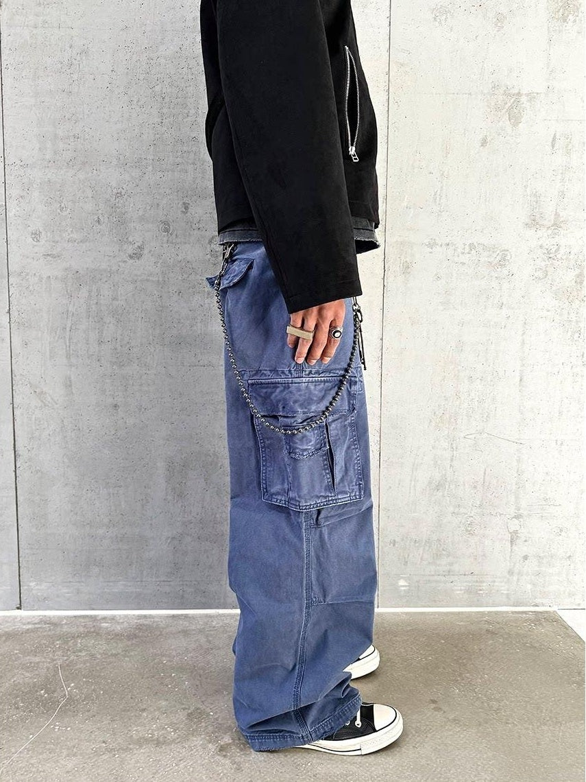 VLABMADE Breathable Distressed Loose Straight Leg Natural Waist Casual Wide Cargo Pants