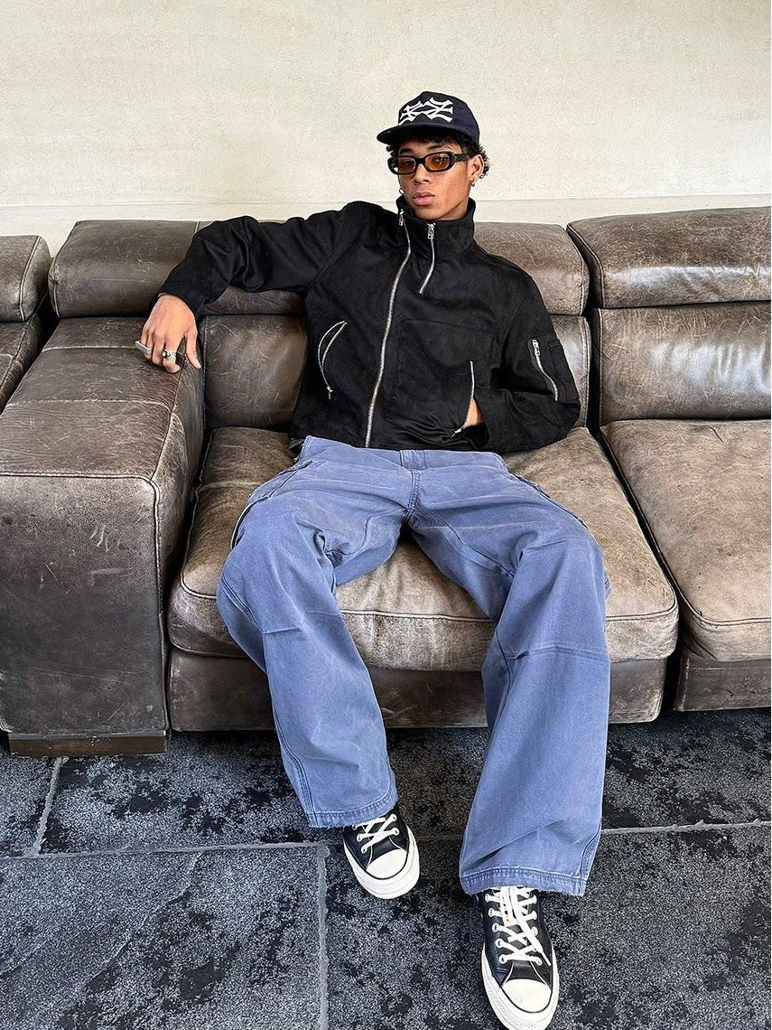 VLABMADE Breathable Distressed Loose Straight Leg Natural Waist Casual Wide Cargo Pants