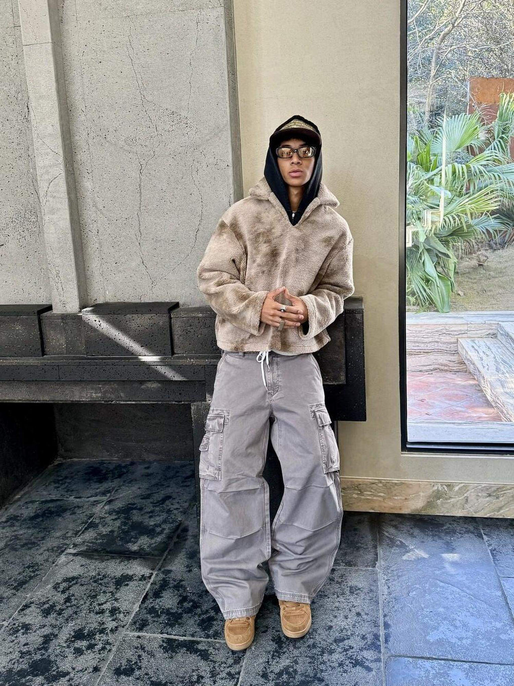 VLABMADE Breathable Distressed Loose Straight Leg Natural Waist Casual Wide Cargo Pants