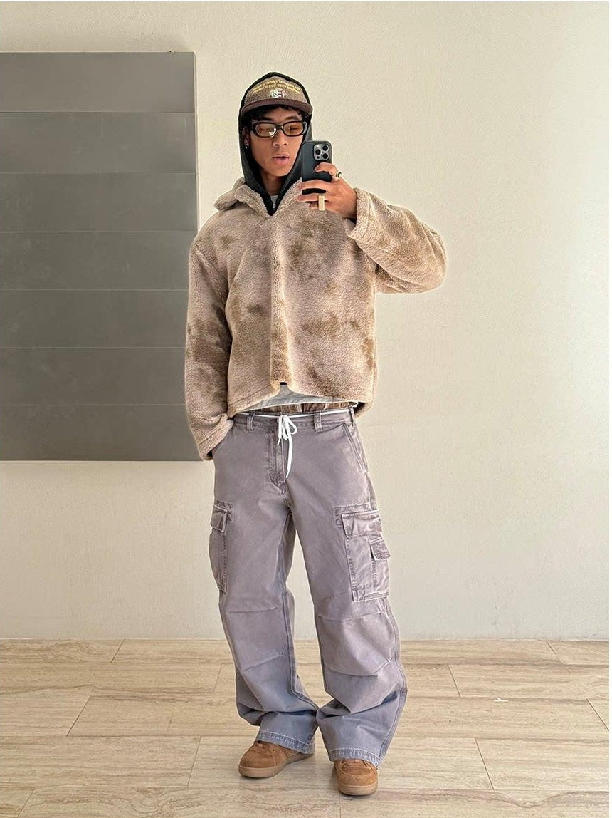 VLABMADE Breathable Distressed Loose Straight Leg Natural Waist Casual Wide Cargo Pants