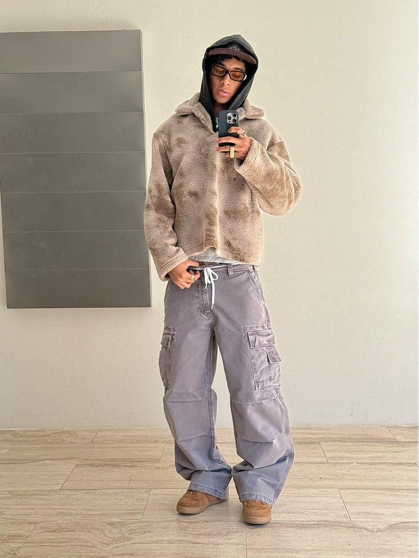 VLABMADE Breathable Distressed Loose Straight Leg Natural Waist Casual Wide Cargo Pants