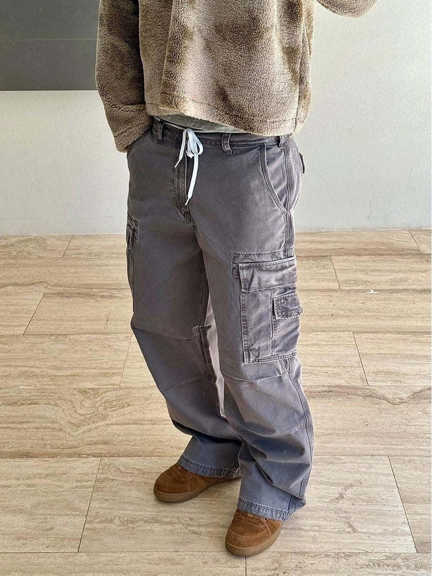 VLABMADE Breathable Distressed Loose Straight Leg Natural Waist Casual Wide Cargo Pants