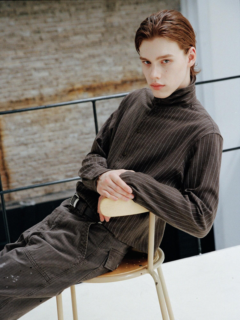 VLABMADE Breathable Linen Blend Button Loose High Neck Unisex Striped Linen Shirts