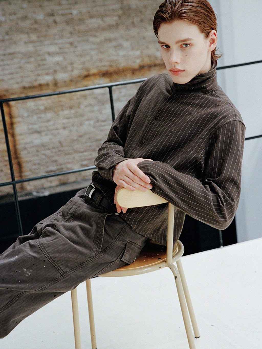 VLABMADE Breathable Linen Blend Button Loose High Neck Unisex Striped Linen Shirts