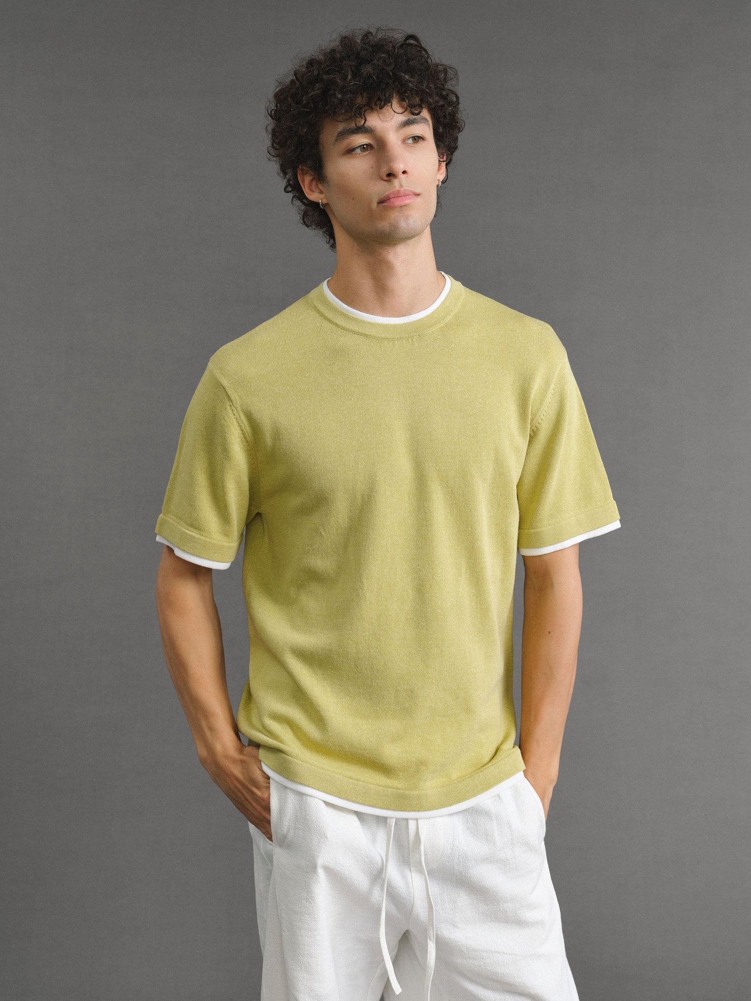 VLABMADE Breathable Linen Blend Loose Fit Faux Layered Unisex Solid Short Sleeve T-Shirts