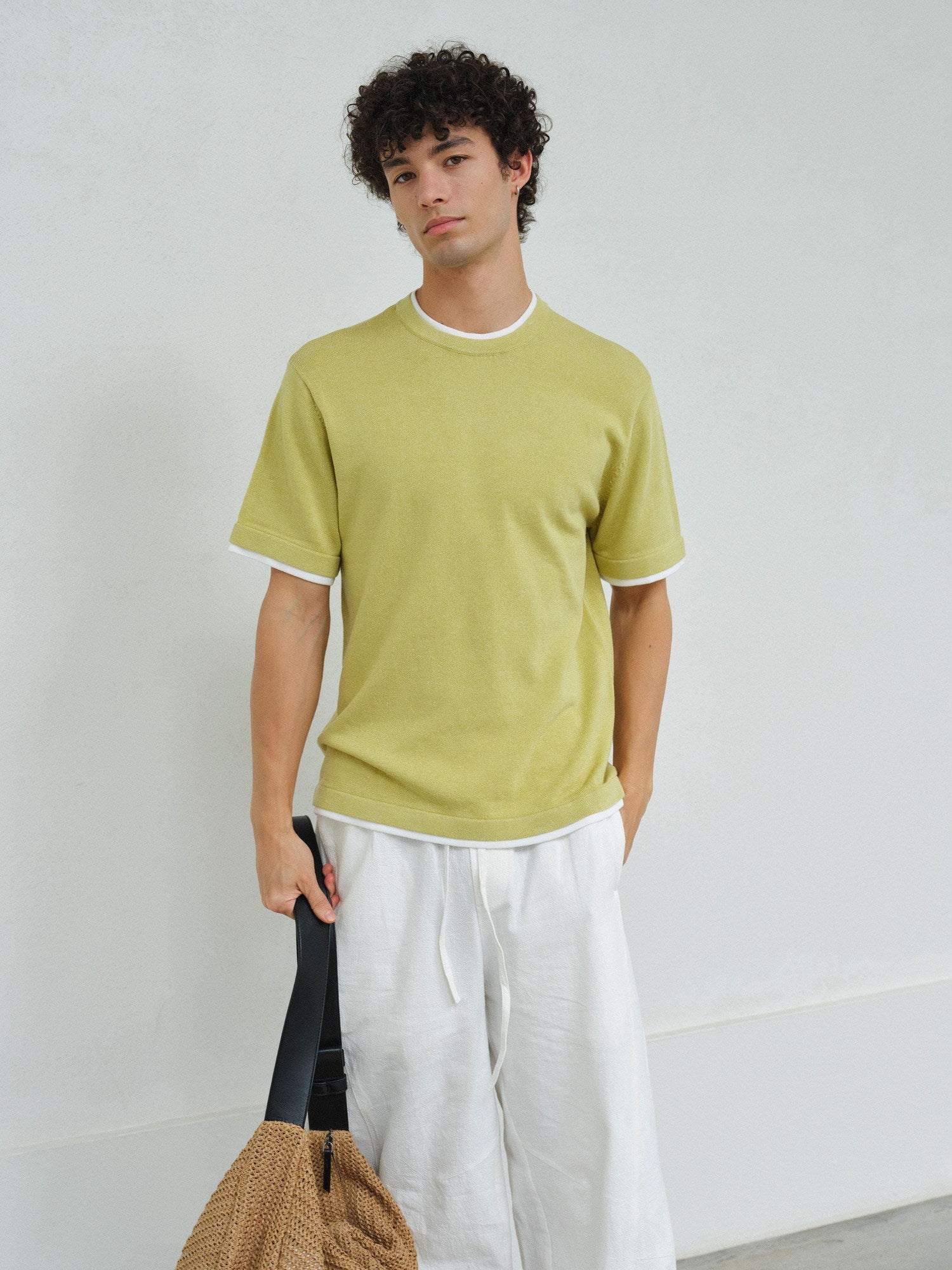 VLABMADE Breathable Linen Blend Loose Fit Faux Layered Unisex Solid Short Sleeve T-Shirts