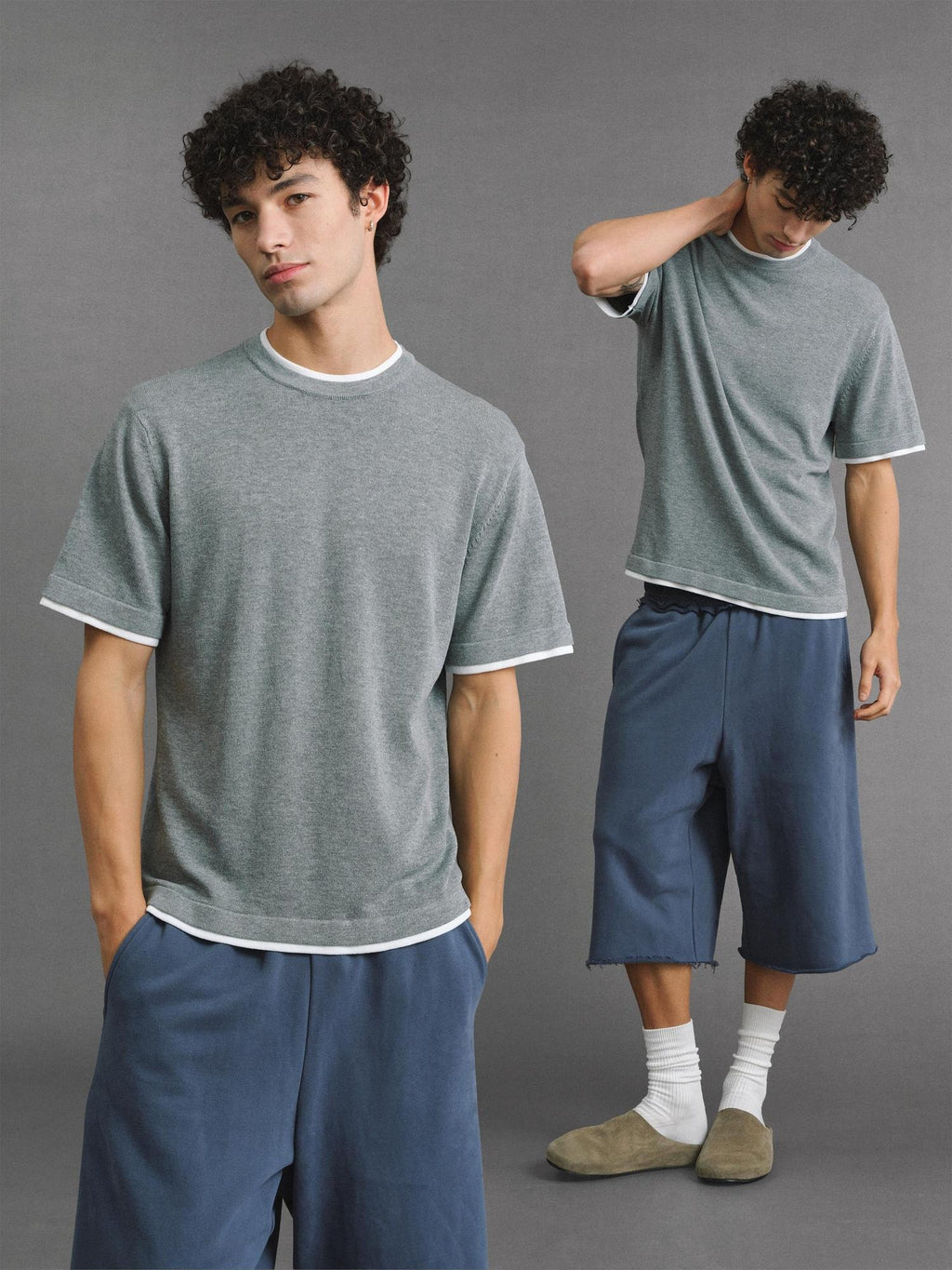 VLABMADE Breathable Linen Blend Loose Fit Faux Layered Unisex Solid Short Sleeve T-Shirts