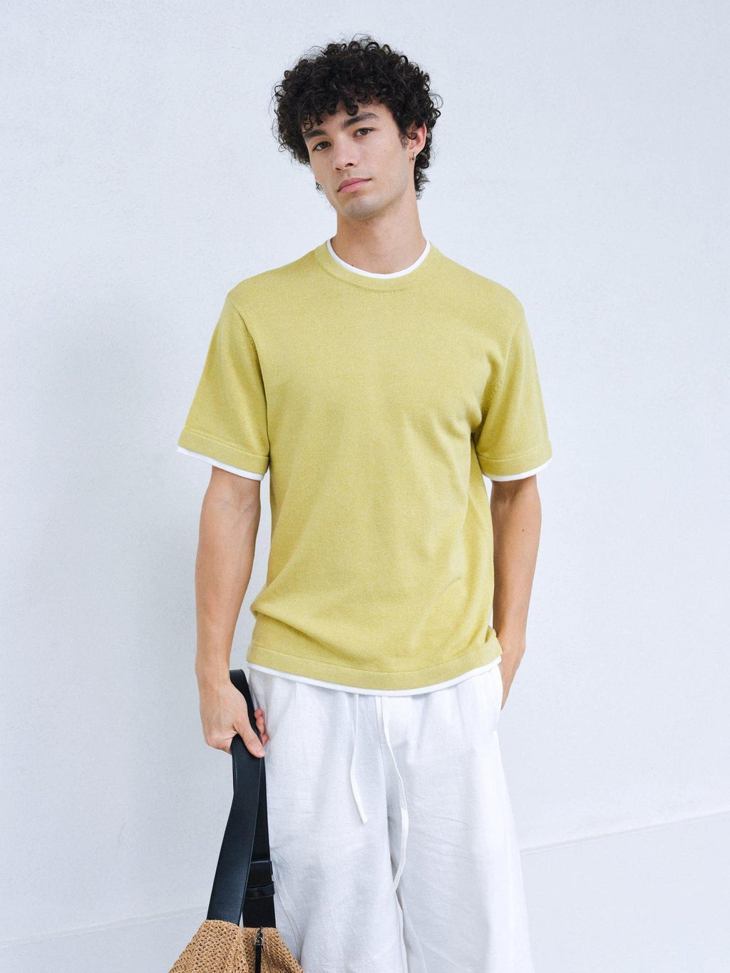 VLABMADE Breathable Linen Blend Loose Fit Faux Layered Unisex Solid Short Sleeve T-Shirts