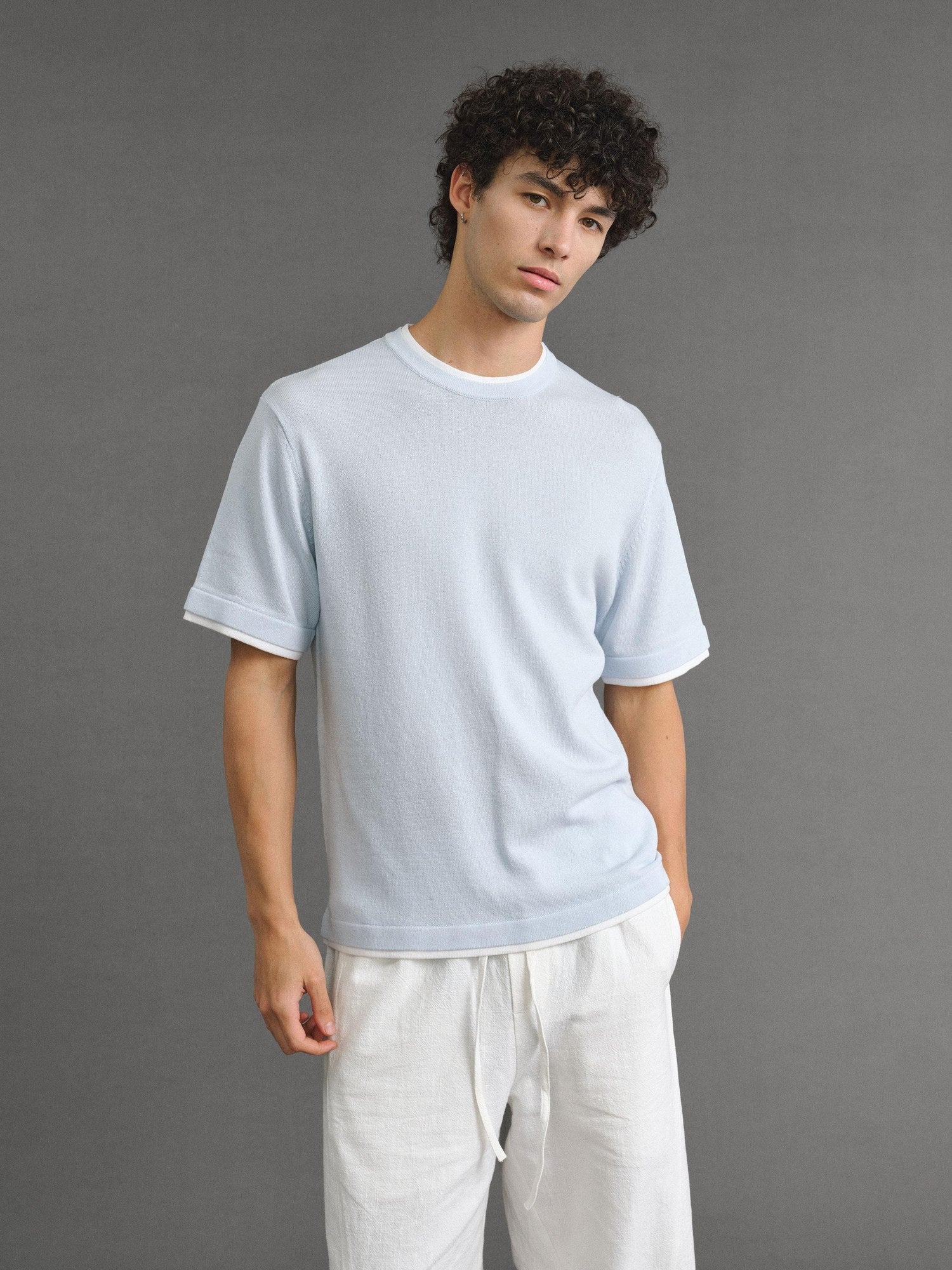 VLABMADE Breathable Linen Blend Loose Fit Faux Layered Unisex Solid Short Sleeve T-Shirts