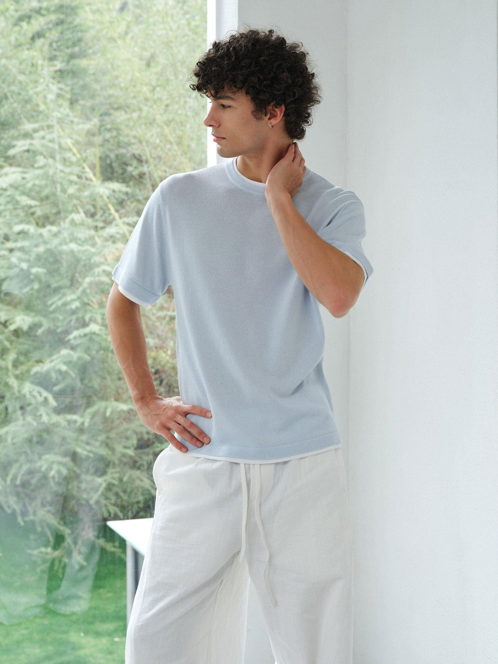 VLABMADE Breathable Linen Blend Loose Fit Faux Layered Unisex Solid Short Sleeve T-Shirts
