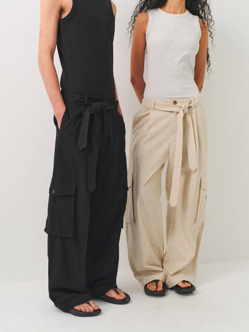 VLABMADE Breathable Linen Blend Loose Midrise Unisex Cargo Pockets Wide Cargo Pants