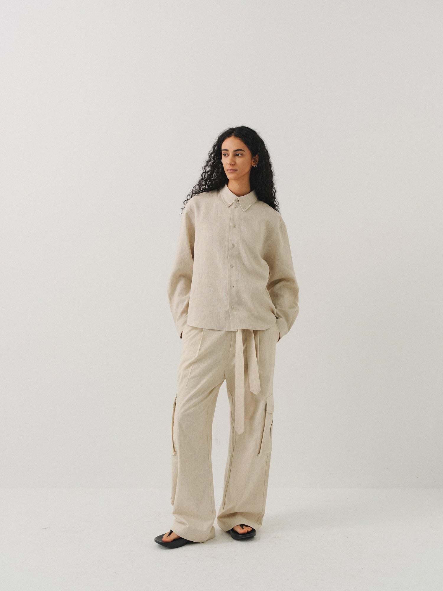 VLABMADE Breathable Linen Blend Loose Midrise Unisex Cargo Pockets Wide Cargo Pants