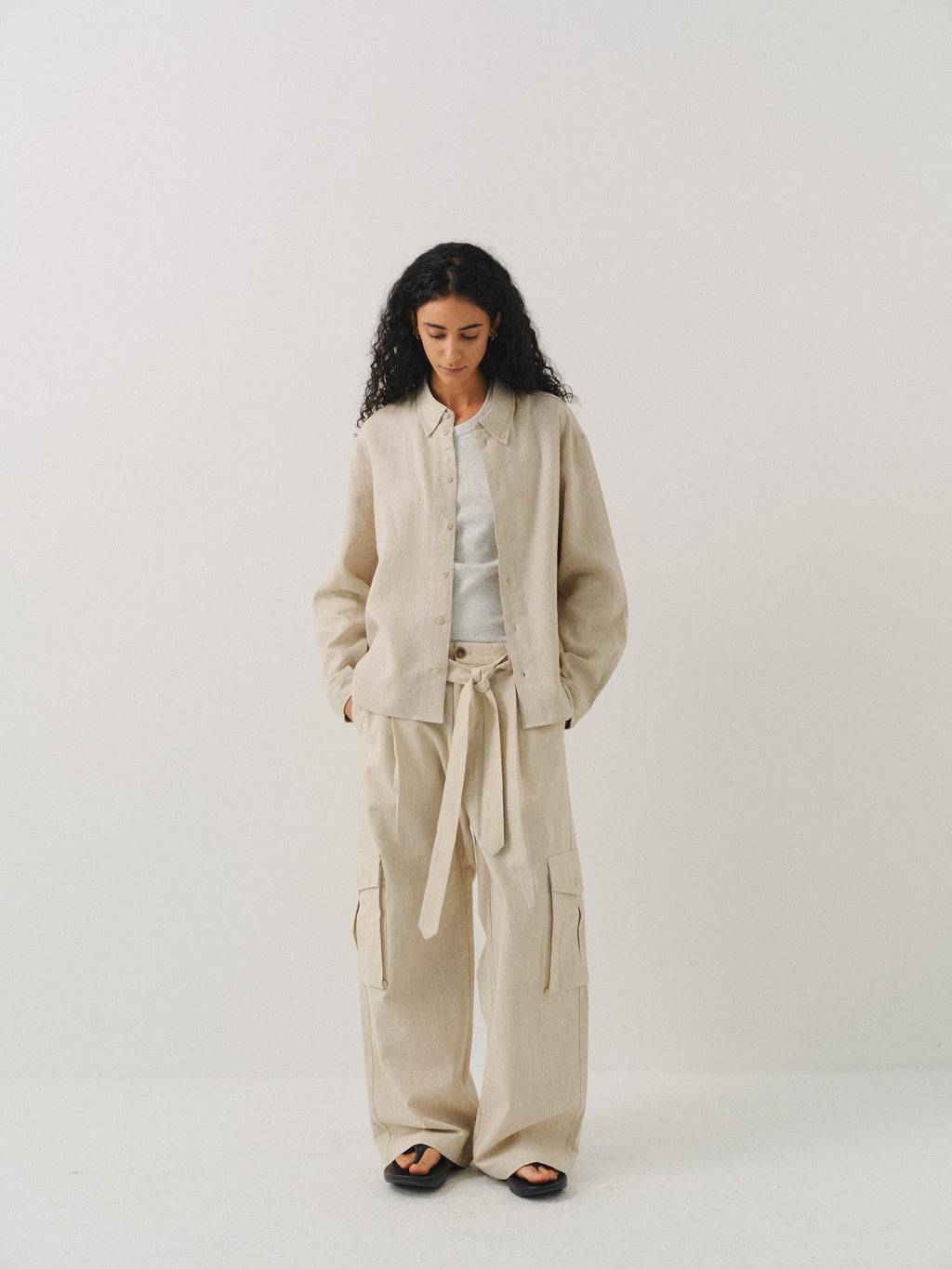 VLABMADE Breathable Linen Blend Loose Midrise Unisex Cargo Pockets Wide Cargo Pants