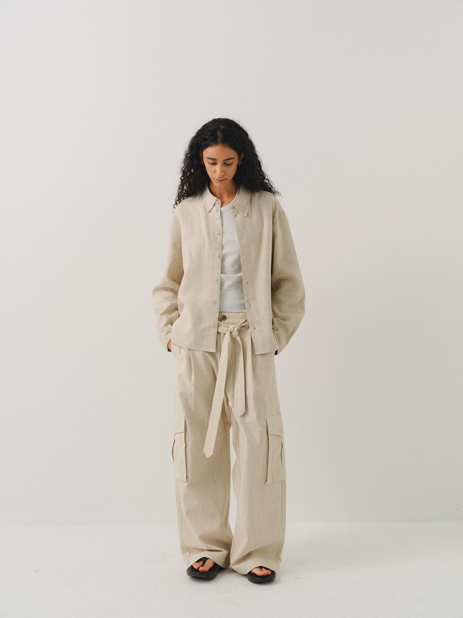 VLABMADE Breathable Linen Blend Loose Midrise Unisex Cargo Pockets Wide Cargo Pants
