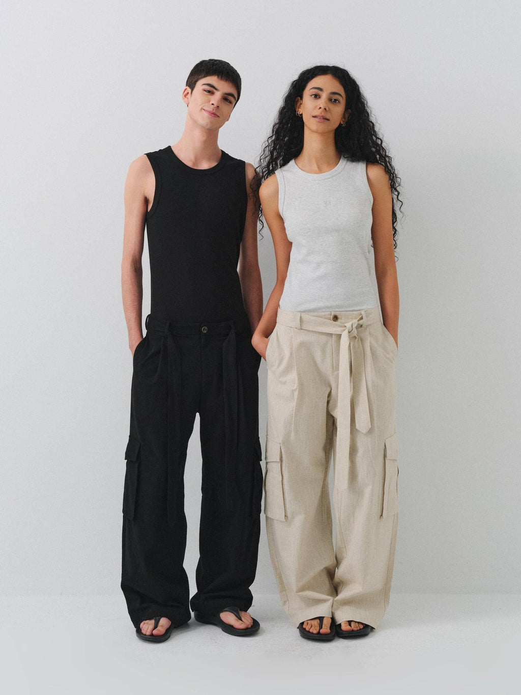 VLABMADE Breathable Linen Blend Loose Midrise Unisex Cargo Pockets Wide Cargo Pants