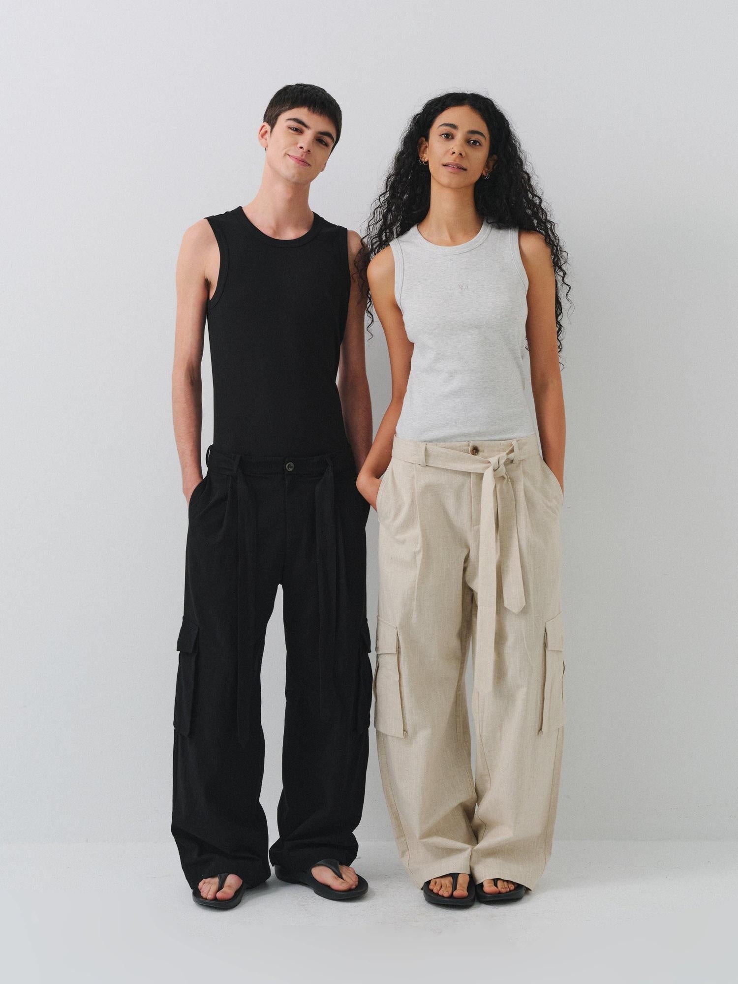 VLABMADE Breathable Linen Blend Loose Midrise Unisex Cargo Pockets Wide Cargo Pants