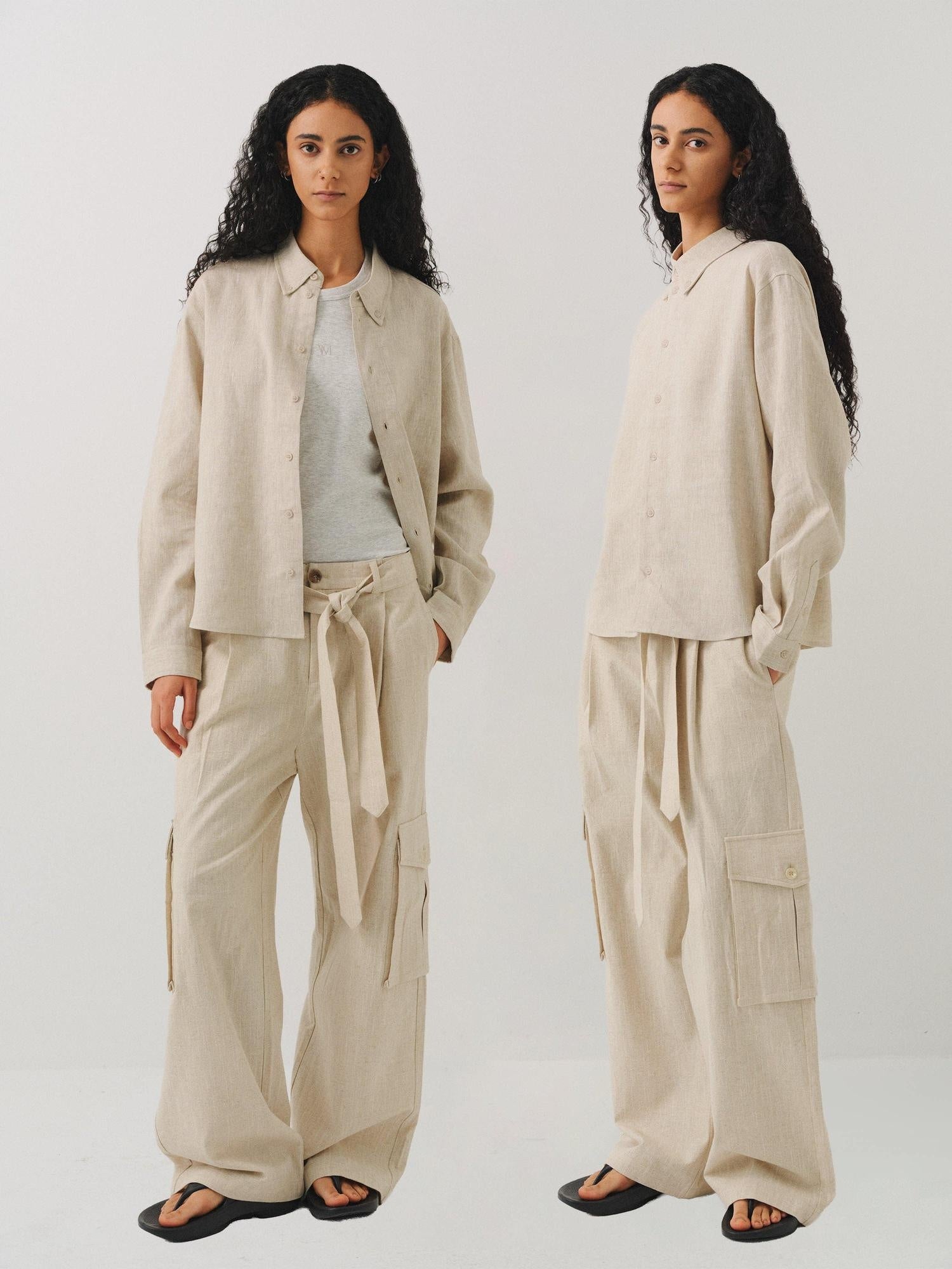 VLABMADE Breathable Linen Blend Loose Midrise Unisex Cargo Pockets Wide Cargo Pants
