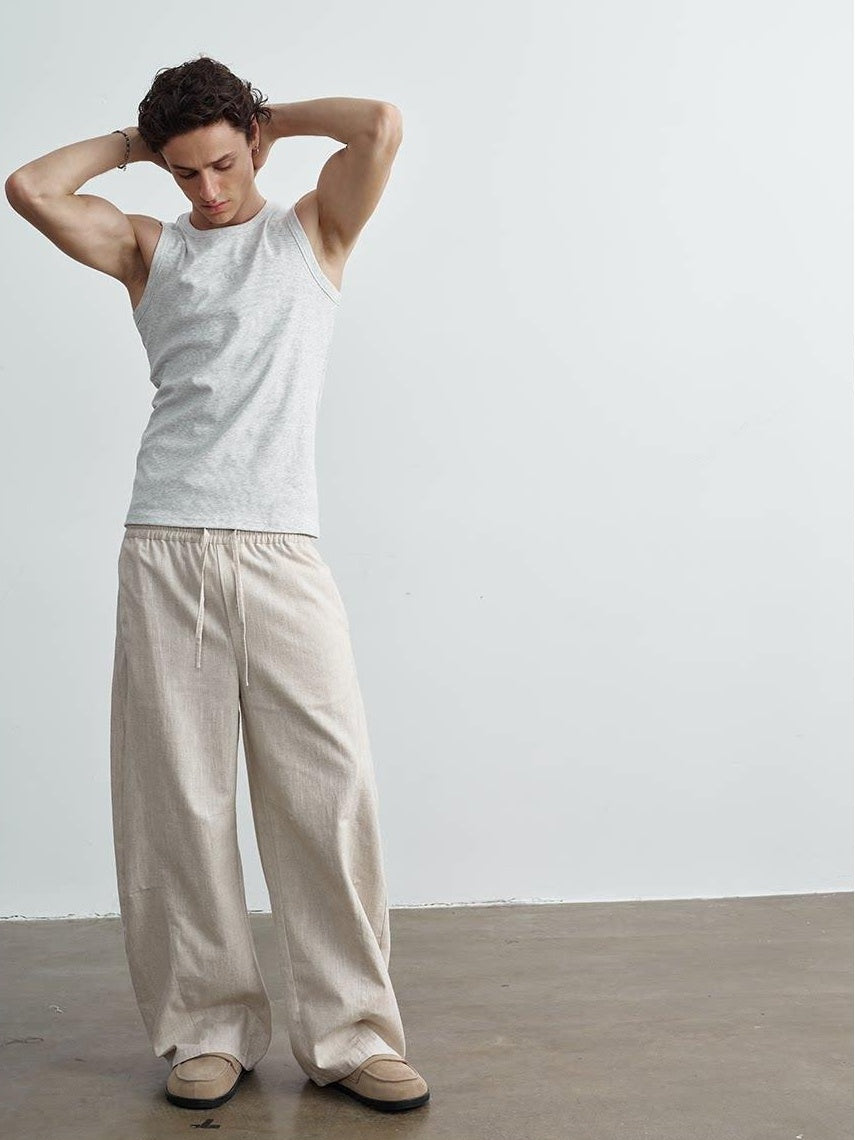 VLABMADE Breathable Linen Blend Relaxed Wideleg Tie Waist Straight-Leg Casual Trousers