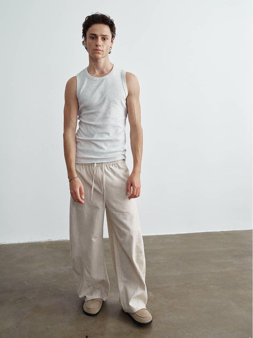 VLABMADE Breathable Linen Blend Relaxed Wideleg Tie Waist Straight-Leg Casual Trousers