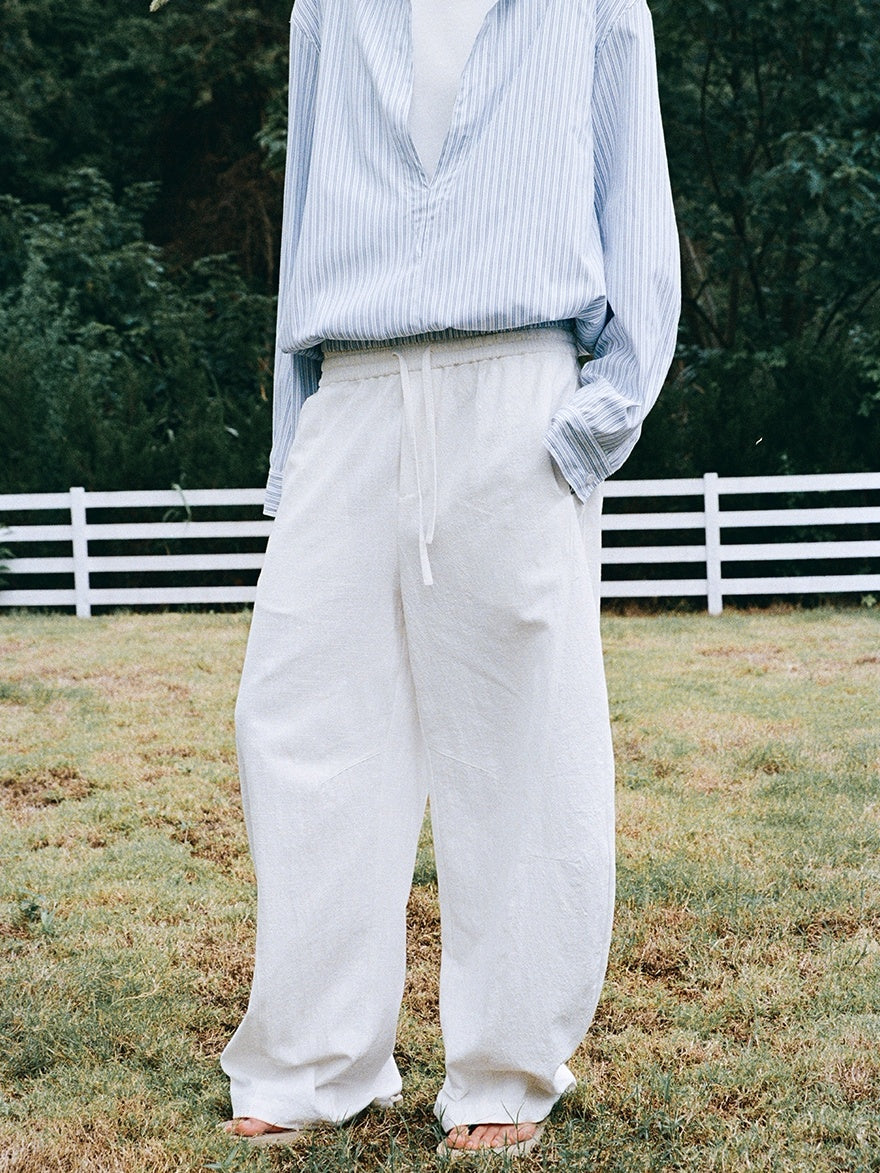 VLABMADE Breathable Linen Cotton Loose Fit Patchwork Unisex Barrel-Leg Casual Trousers