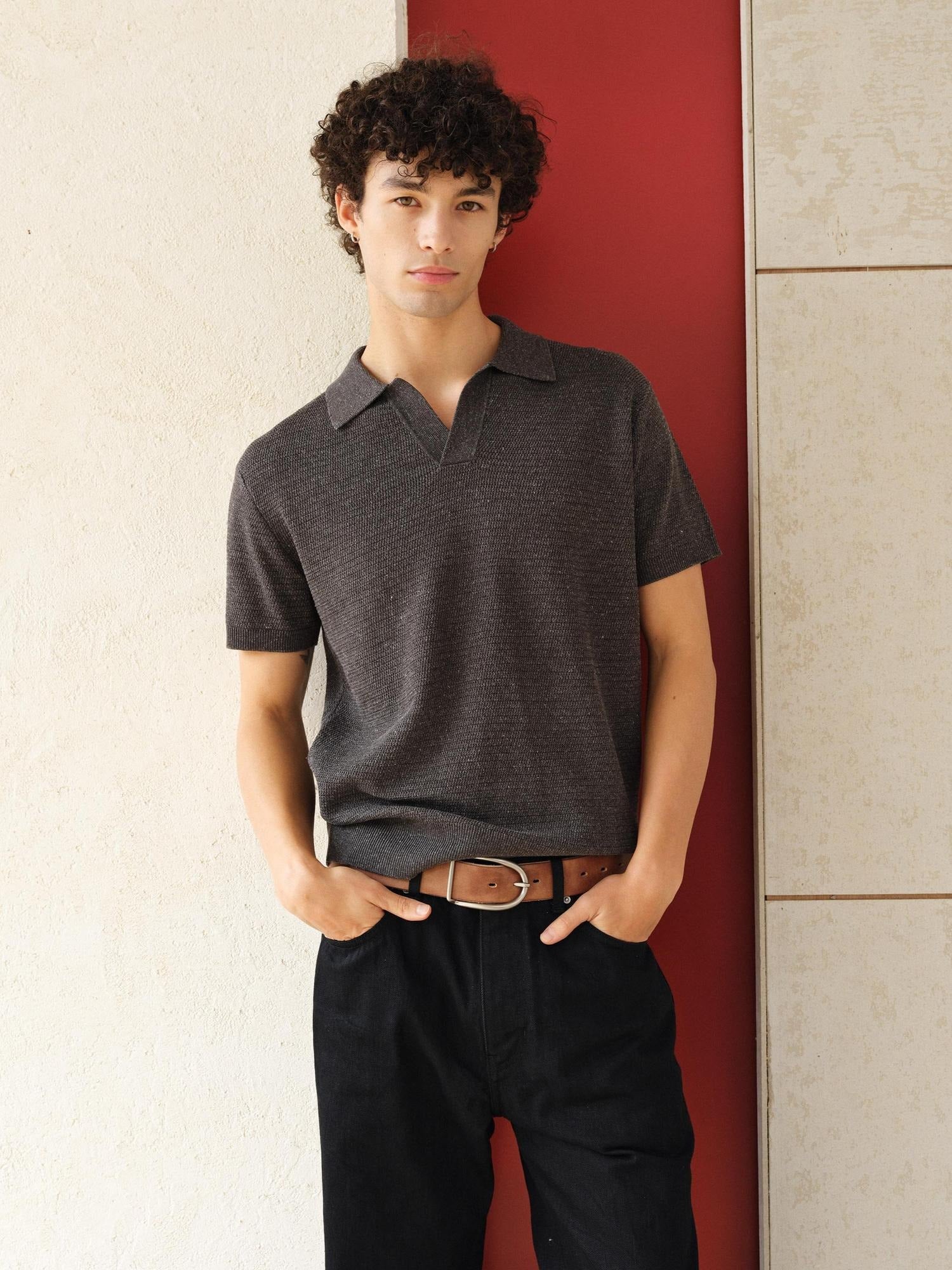 VLABMADE Breathable Linen Mix Seagull Neck Regular Unisex Solid Short Sleeve Polo Shirts